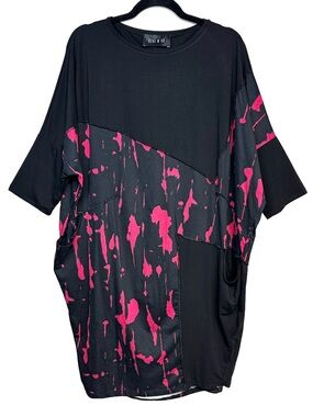 Ozai N Ku Black Rosewater Pink Boxy Dress Lagenlook Art to Wear Stretchy 2/Small